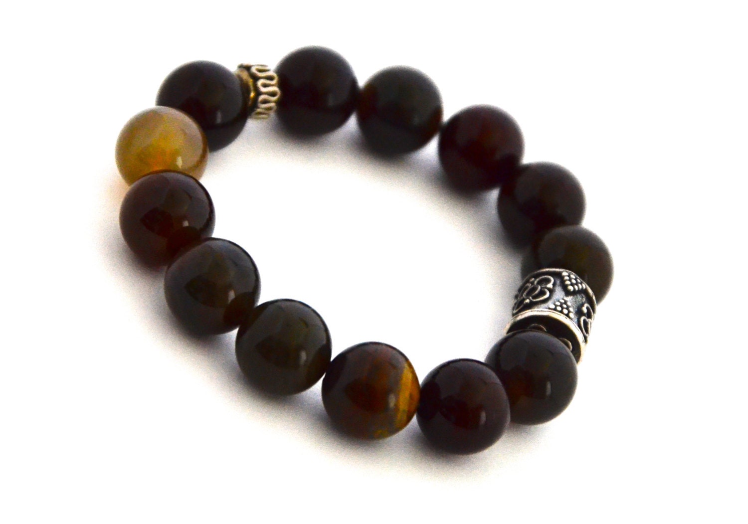 Stretch bracelet Brown Fire agate Silver bali beads