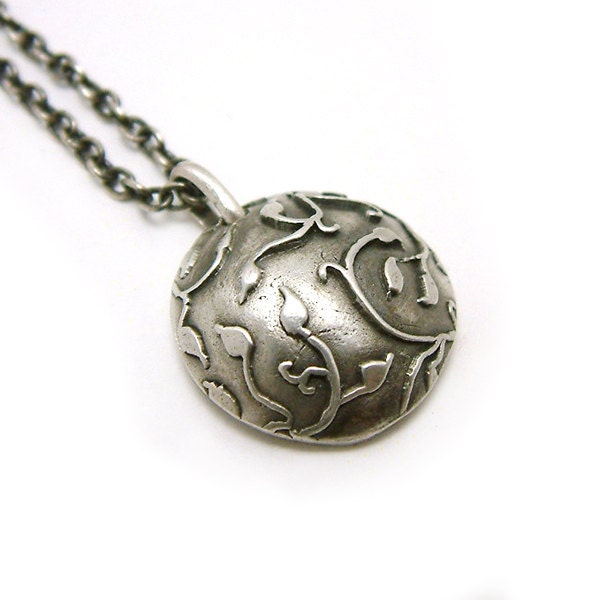 Leaf Pendant - leaves and branches on a round disc in sterling silver