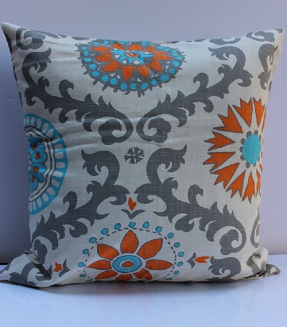 Orange, Natura, Grayl and Blue Floral Damask Pattern Pillow Cover - 18 Inch - BeautifulPattern Mixes with Variety of Decor and Colors
