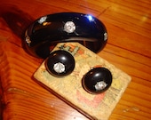 Glorious Verified CARVED BAKELITE 1930's Thick Vintage BLACK Cuff W/Inset Rhinestones & Matching Domed Screw Earrings - Art Deco