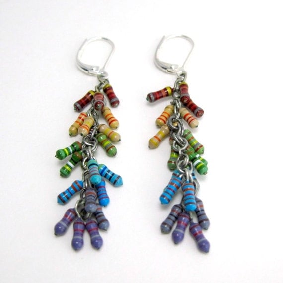Resistor Earrings -- Rainbow Spiral Clusters -- Beautiful Geekery