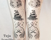 Pirate Printed Tattoo Tights Narwhal Octopus Nautical Medium Tall Black on White Women