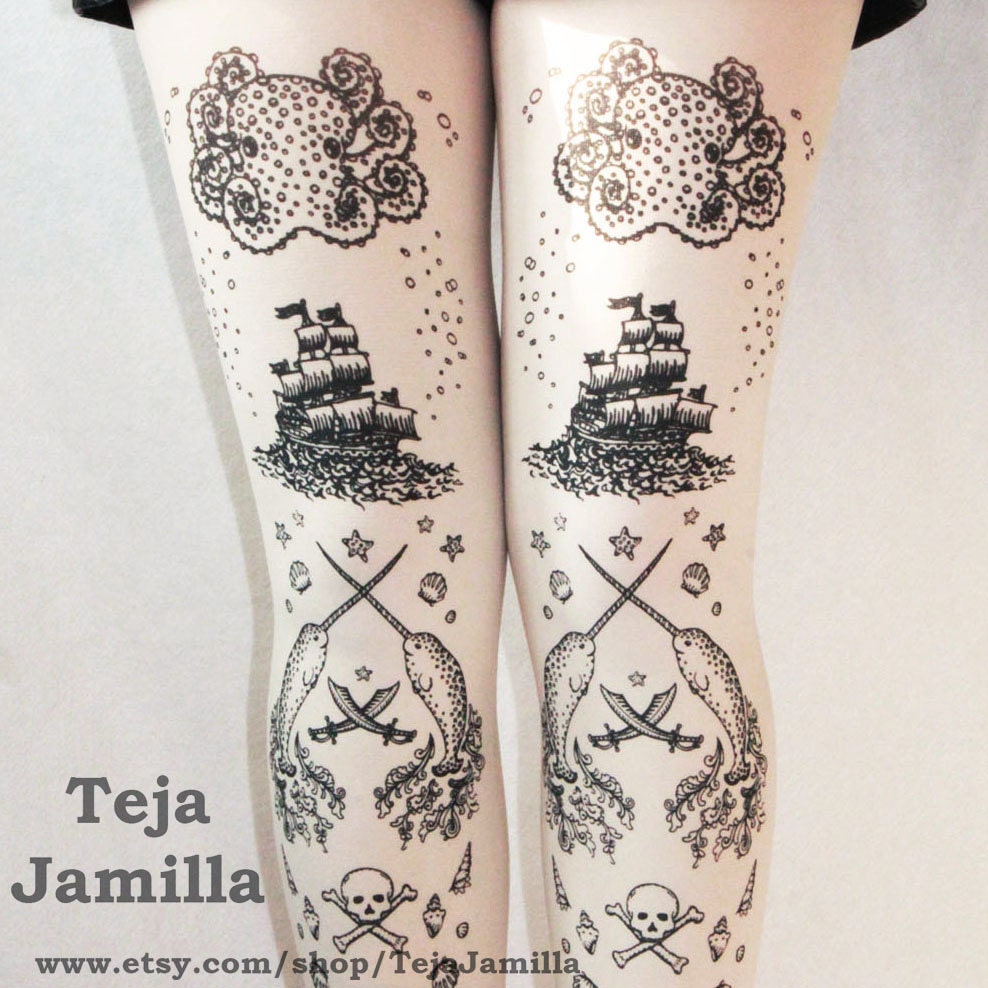 Pirate Printed Tattoo Tights Narwhal Octopus Nautical Medium Tall Black on White Women