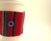 Coffee Cozy RED STRIPES Felted Sweater Wool Coffee Cosy Coffee Sleeve