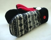 Felted Wool Mittens BLACK & WHITE Fair Isle with Red, Upcycled Sweater Mittens Fleece Lined WormeWoole