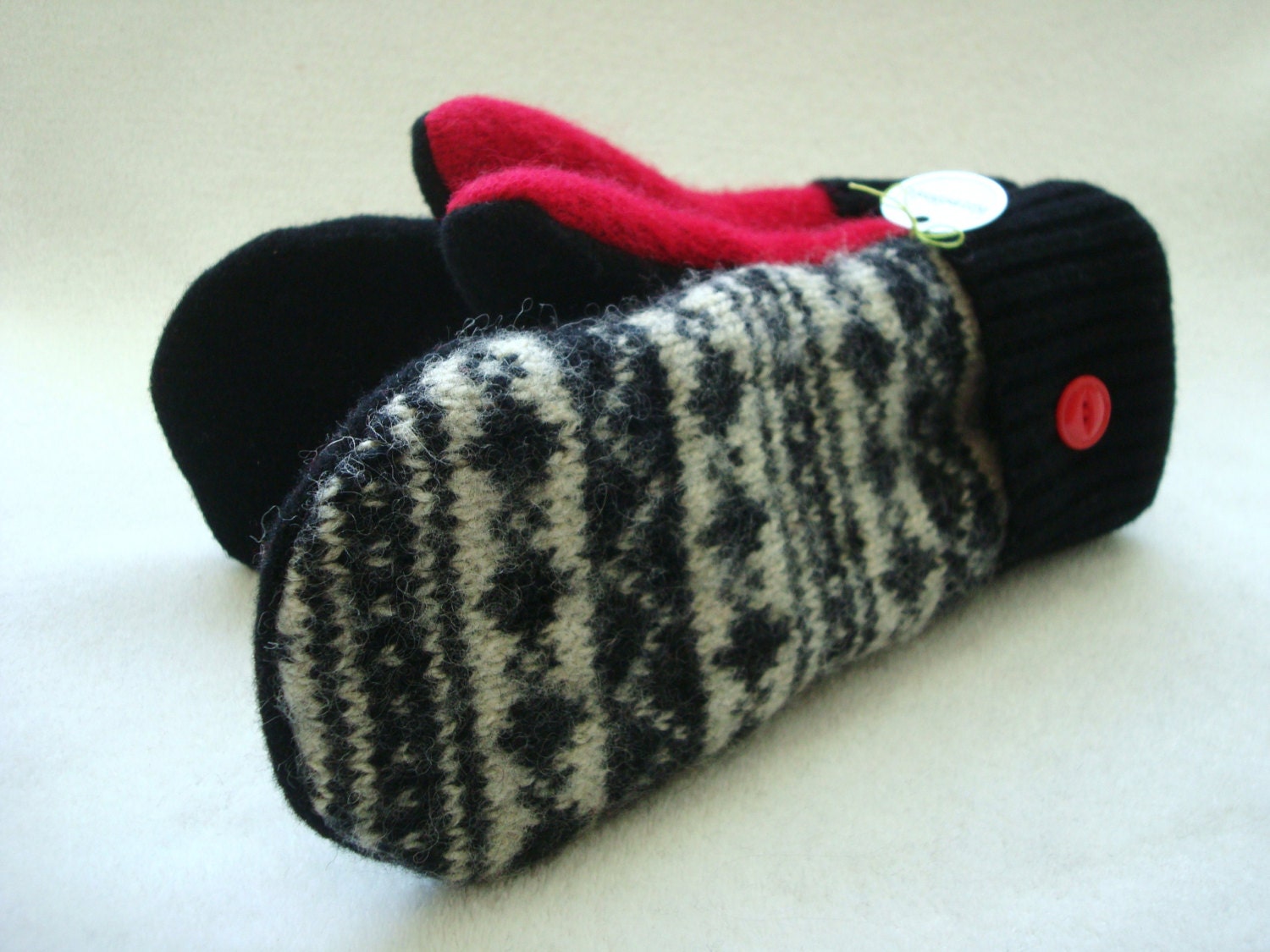 Felted Wool Mittens BLACK & WHITE Fair Isle with Red, Upcycled Sweater Mittens Fleece Lined WormeWoole