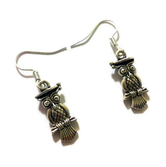 Silver Perched Owl Earrings