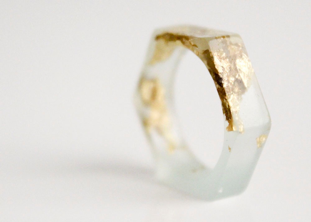 seaglass green size 6 hexagonal eco resin ring with gold leaf flakes