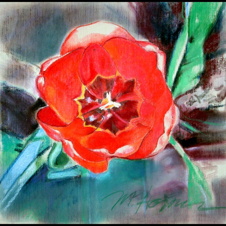 Specially Priced, A Red Tulip for Mom,  Framed Original Painting on Silk by Margi Hopkins of Pepper Portraits LLC.