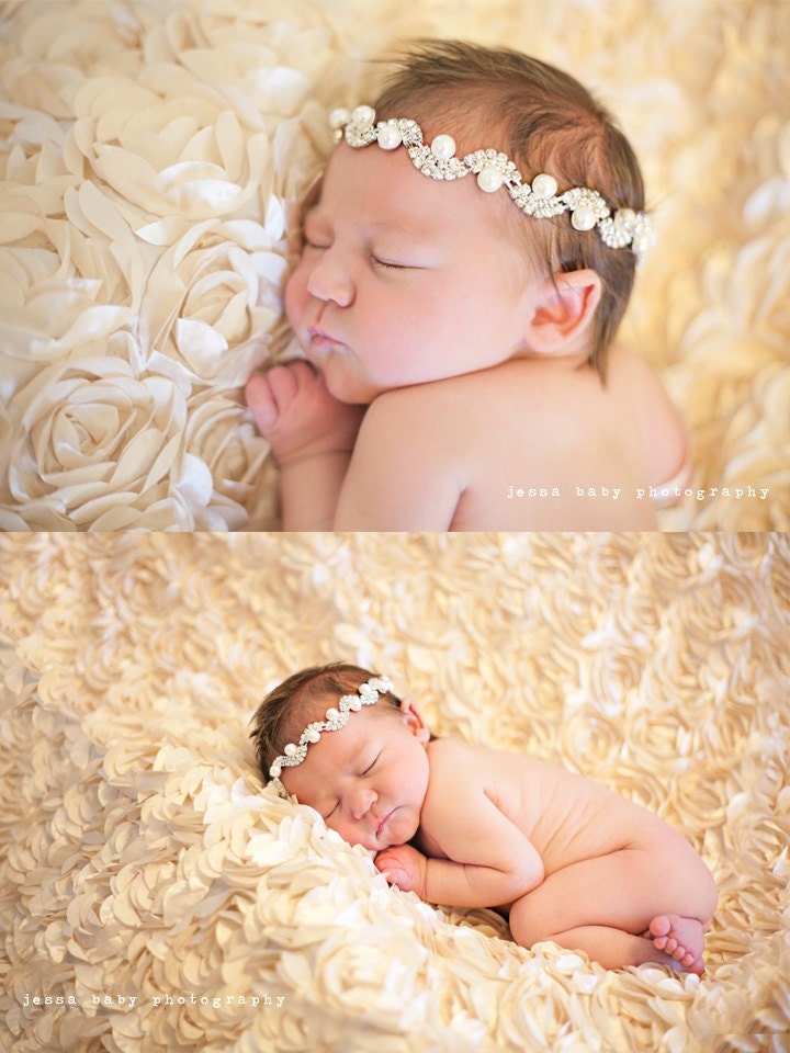 ANGEL--Cream Pearl & Rhinestone Newborn Infant Tieback Headband Bridal Hair Piece--Photo Prop--Fits All Ages