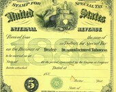 Antique 1882 TOBACCO Cigars Cigarettes Pipe US History Tax Stamp AMERICANA  Bar Man Cave