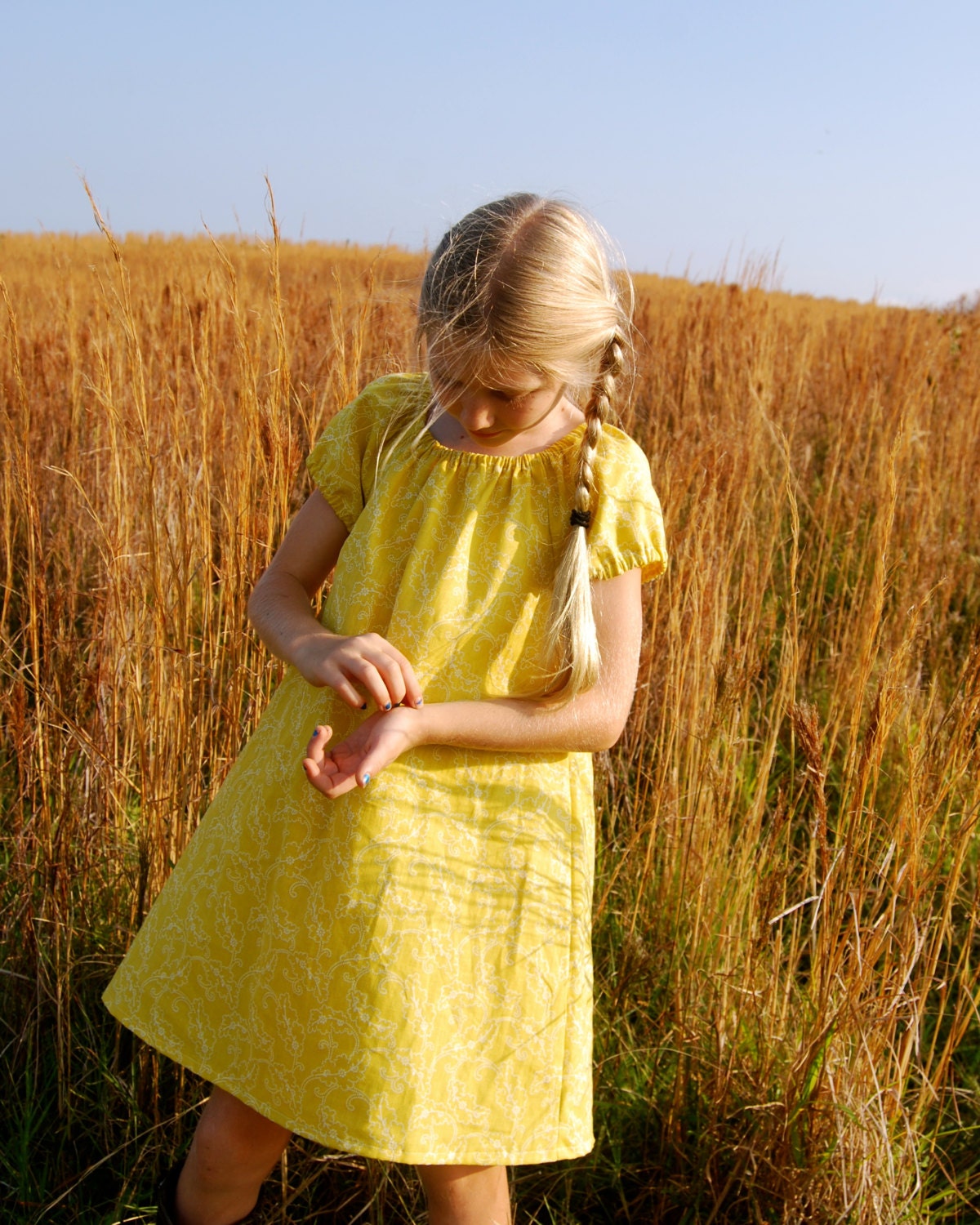 Eco - Friendly Girls Summer Peasant  Dress - Tunic - Mini Dress - Paisley Yellow - Organic Cotton Hemp