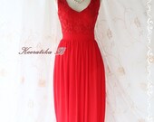 Lucky - Floor Length Cutie Bright Burgundy Lace Dress  Lace Top Deep Back Silk Chiffon Skirt Party Cocktail Wedding Bridesmaid Prom Dress