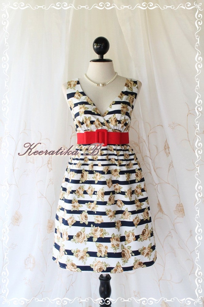 Miss Floral - Stripe And Roses Print Spring Summer Sundress Elegant Party Beach Tropical Dress S-M