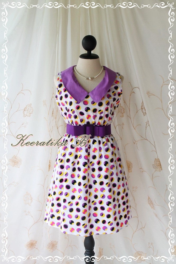 Alice Summer Dress II - Beautiful Stunning Spring Summer Sundress Colorful Polka Dot Print All Over Peter Pan Collar Funny Dress