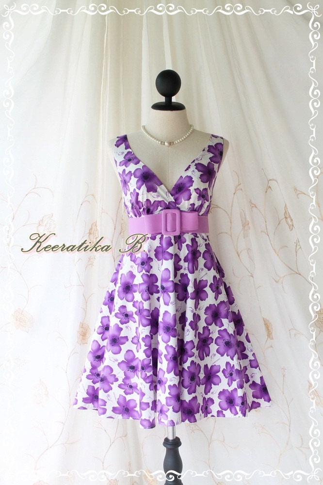 Miss Floral - Beautiful Floral Dress Purple Floral Print Vintage Style Party Wedding Bridesmaid Country Dress XS-M