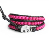 Hot Pink Beaded Leather Wrap Bracelet - the lucky elephant Original with Good Luck Elephant Button