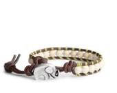 White Turquoise & Lime Green Beaded Leather Wrap Bracelet - the lucky elephant Original with Good Luck Elephant Button Closure for GOOD LUCK