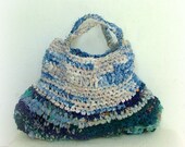 Rag bag - crochet hand bag in lovely blue tones fabric yarn - upcycled old carpet