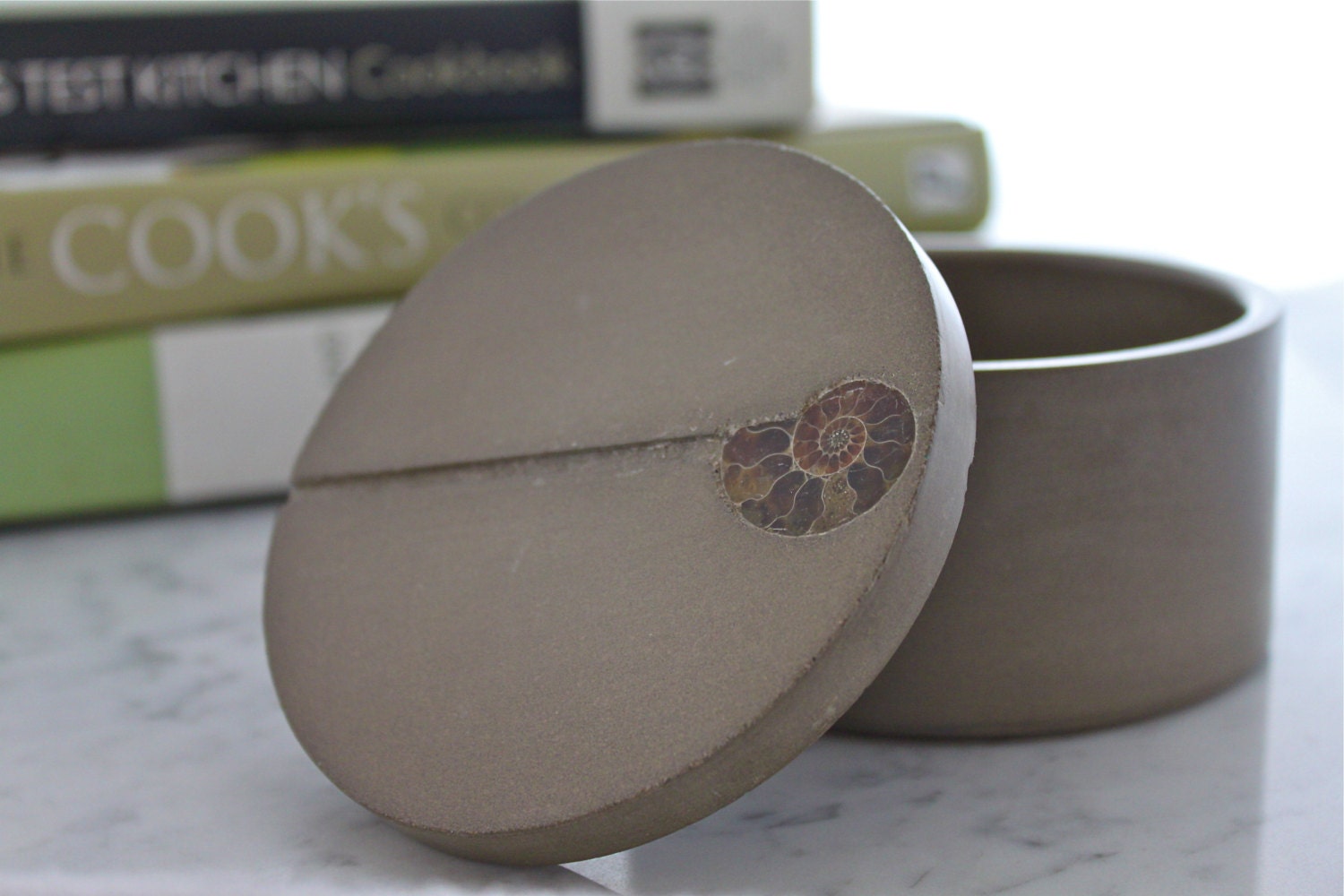 Salt Cellar. Salt Cellar with Ammonite. Spice Container with Ammonite. Sugar Bowl.