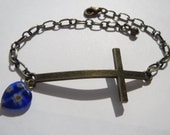 Cross Charm Bracelet - Gold Bronze Brass - Blue Glass Millefiori Heart Bead - One Size Fits - Ready to Ship B042