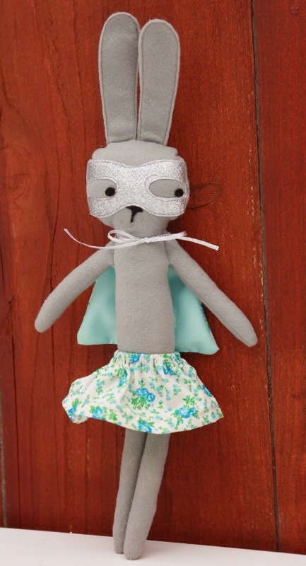 Alice Super Hero Bunny: Imaginative Play Felt bunny. Silver mask, blue floral skirt, and coordinating cape.
