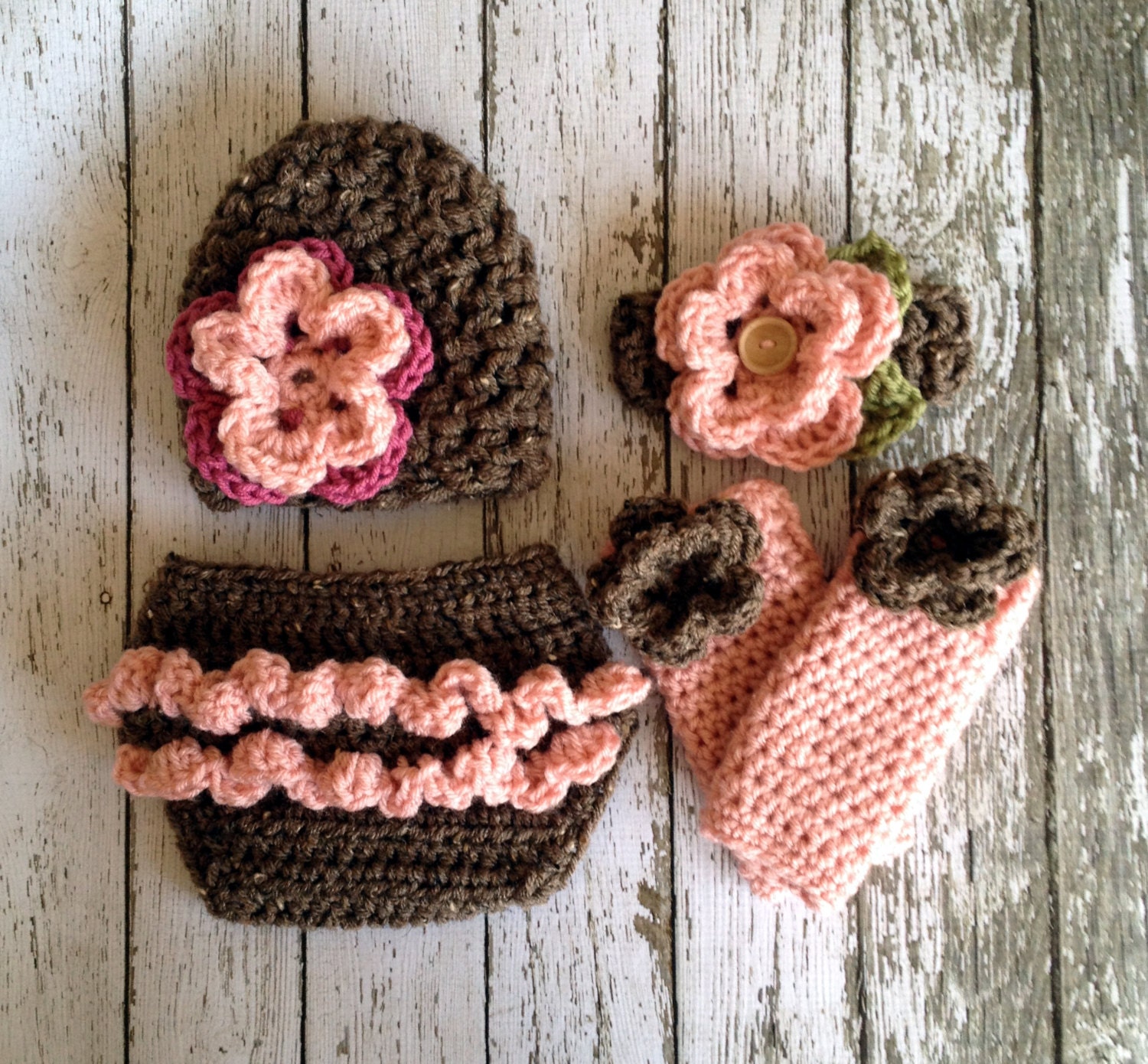 The Emma Beanie in Barely and Baby Pink with Matching Diaper Cover, Headband and Leg Warmers Available in 3 Sizes- MADE TO ORDER