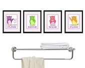 Kids Bathroom Art - Children's Girls Wall Decor Owls for the Bathroom - Kids Bathroom Decor art - Four 8 x 10  Bathroom Owl Child Prints