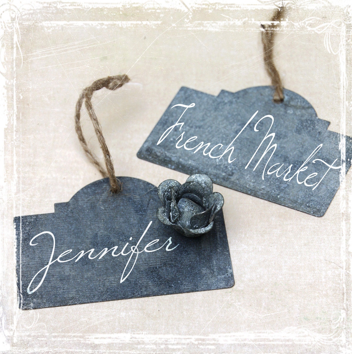 French Market Tags -Hang Tag - Wedding Decor Favors Gift Tin Ornament Zinc Metal Rustic Favor Galvanized Flower Magnet Place Card