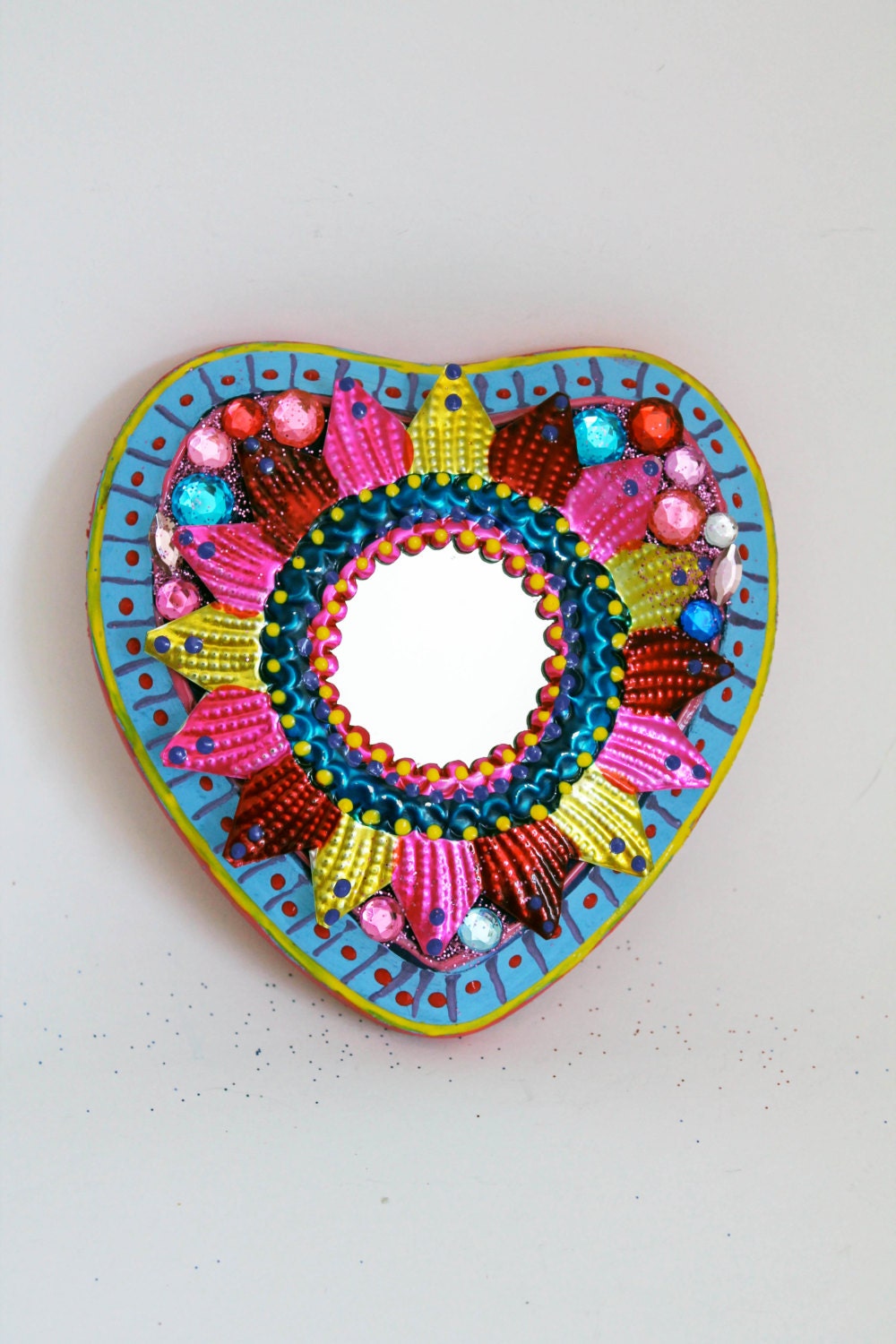 Mexican tin metal mirror on wood plaque / Mexican folk art / bright colorful mixed media / rainbow pink yellow / wedding gift