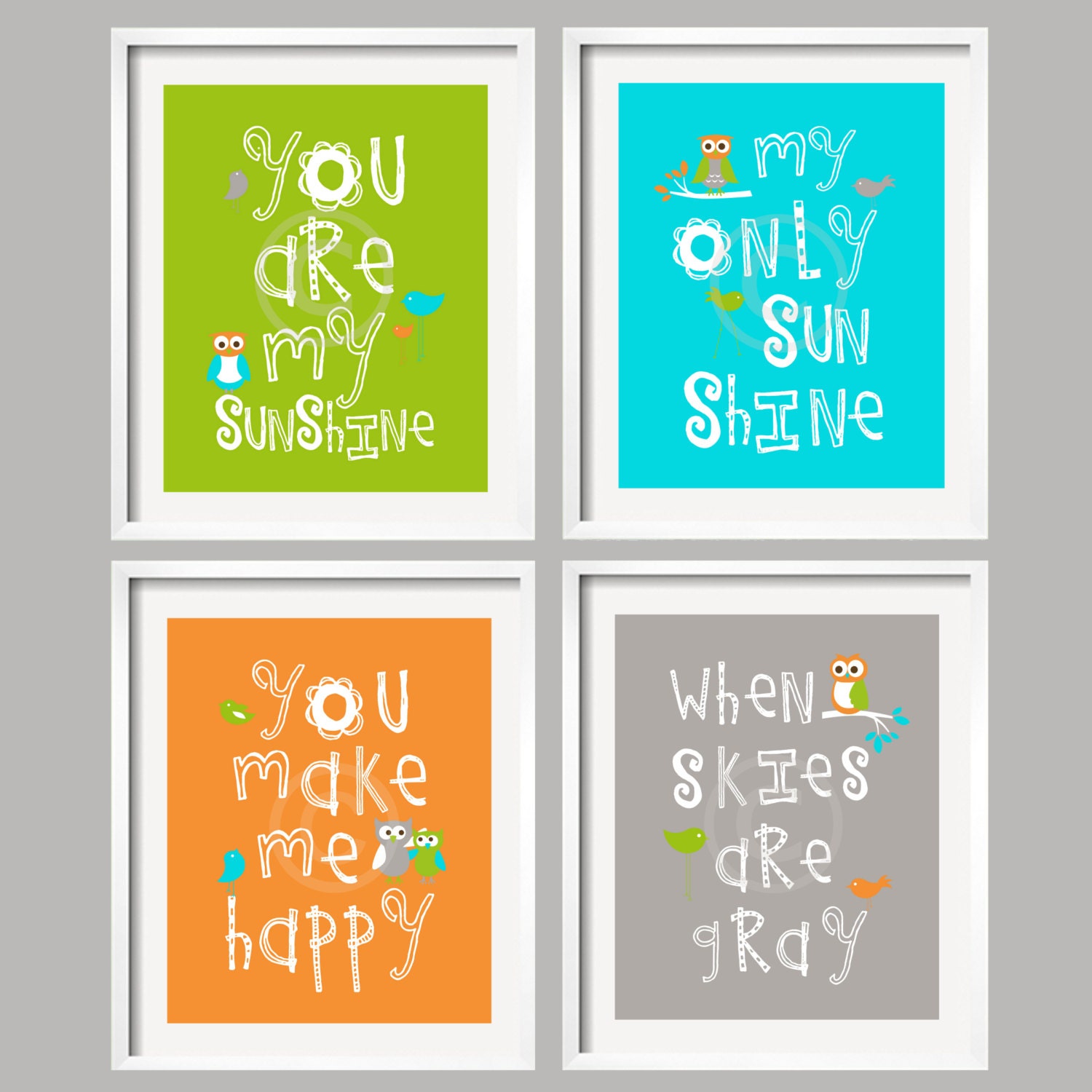 You Are My Sunshine/ Prints with Owl and Bird/  green, aqua, orange, and gray/ Set of 4, 11x14 by YassisPlace