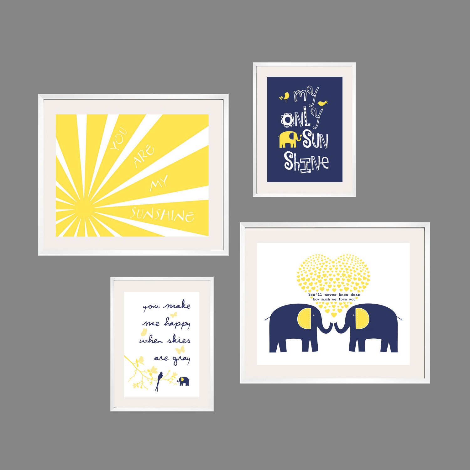 Kids Wall Art You Are My Sunshine Navy and Yellow Nursery Decor 8x10 and 5x7 - Eclectic Nursery or Toddler Girl Wall Art - YassisPlace