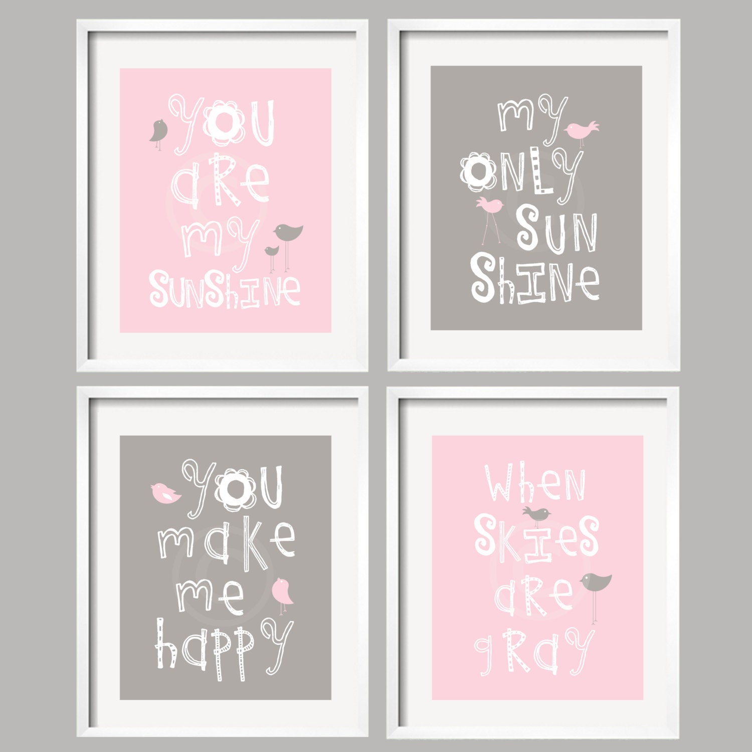 Pink and Gray Nursery Decor Prints - You Are My Sunshine - birds -  8x10 - baby shower gift, for girl by YassisPlace
