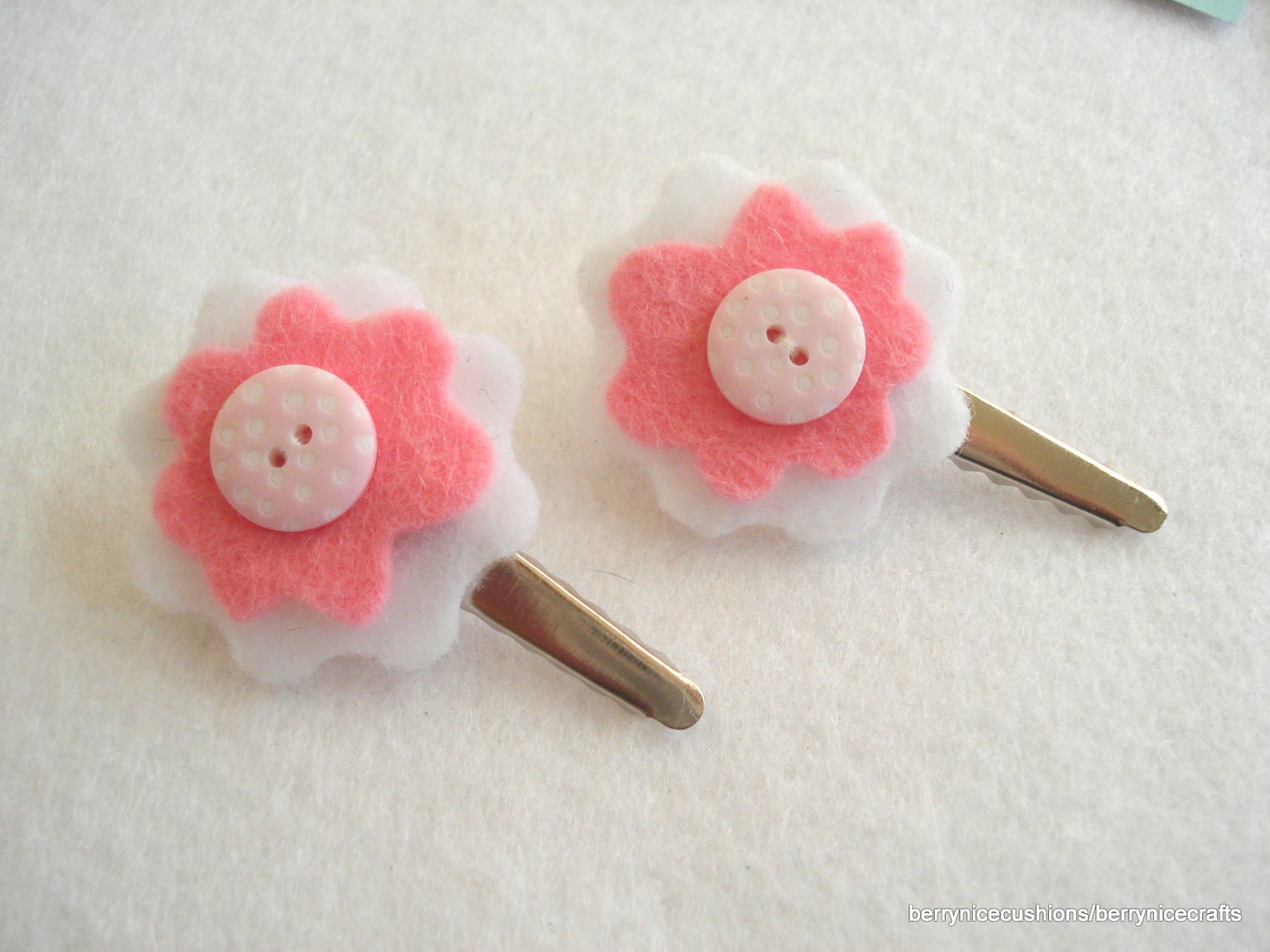 Two White and Pink Felt Flower Hair Clips Pack of 2 Pink Hair Slides