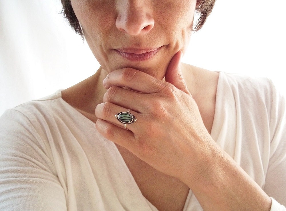 Modern Jewelry. Mint Green and Black Striped Glass Sterling Silver Ring.Unique Jewelry