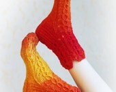 ON SALE Hand knitted wool socks for woman. Warm, cozy and soft lacy, autumn gradient color. Flame, Red Orange Yellow, FREE Shipping Worldwi