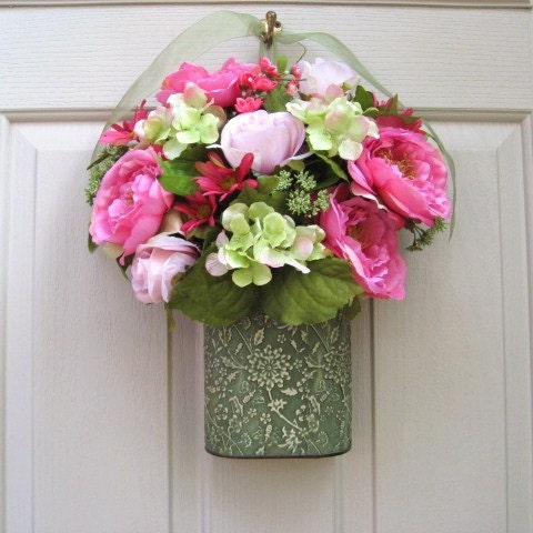 Spring Wreath, Door Wreath, Peony Wreath, Pink Roses Wreath, Pink Wreath, Shabby Cottage Chic, English Garden Mix Wall Pocket