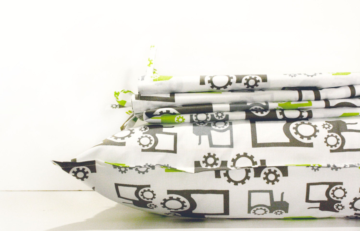 100% Organic Cotton Toddler bedding set-Custom size -Pillowcase and Duvet cover- Tractors - Blue Green/ Green Grey