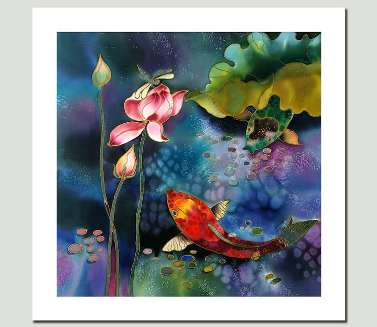 GICLEE Print-Of Original Painting-SILK Painting-Acrylic Painting-FISHES-Lotus-Koi -8.5inX11in