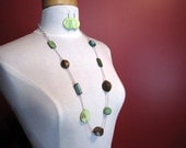 Silver Long Necklace & Earring Set - Lime Green Mother Of Pearl Shells, Forest Green Clay, Natural Brown Wood - By StellaLissa