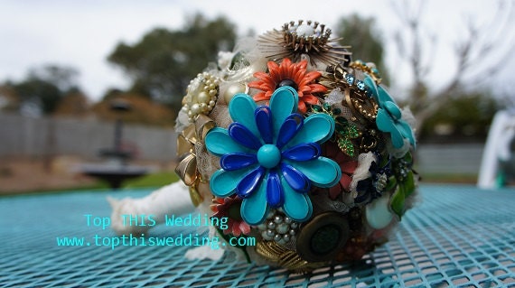 Large Vintage Brooch  Bouquet - Aqua and Salmon