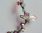 Crystal Pink, Ear Cuff, Green, Swarovski Crystals, Ear Vine, Czech Leafs, Antiqued Bronze Twisted Wire Art