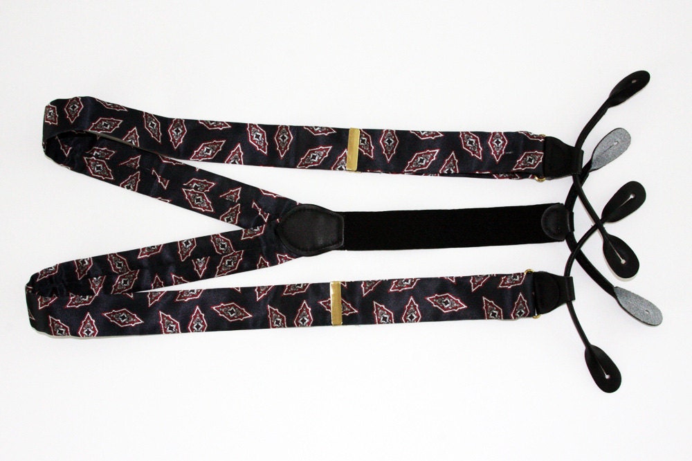 Diamond Pattered Black Silk Button Tab Suspenders