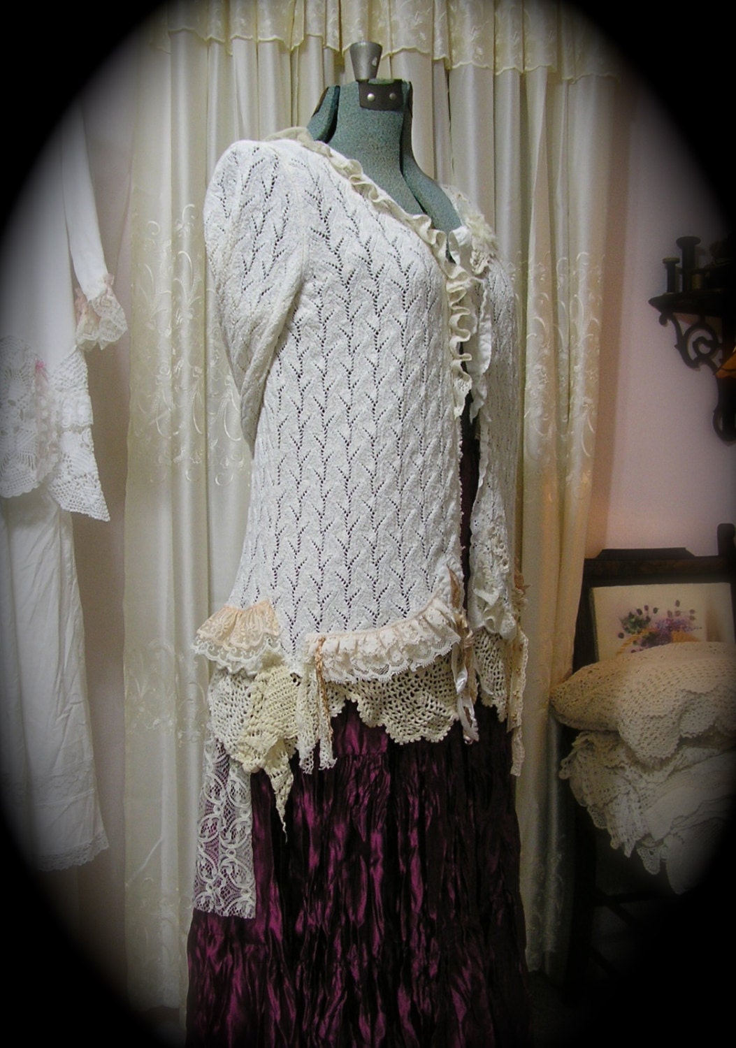 Shabby Doily Sweater, creme tattered, romantic victorian, doily lace, womens sweater LARGE