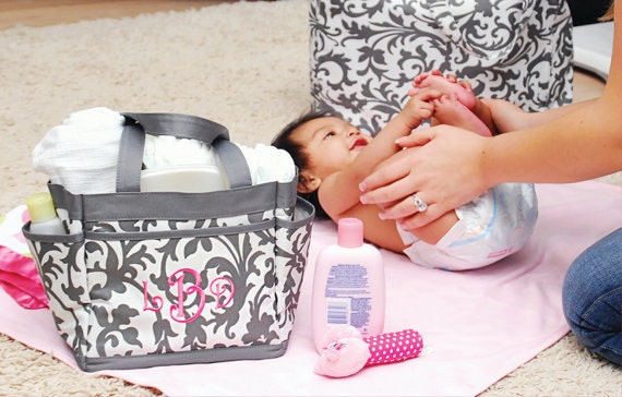 MONOGRAMMED Mini Caddy Tote - Diaper Bag - Gray Damask Tote - Car Organizer - Home Organizer