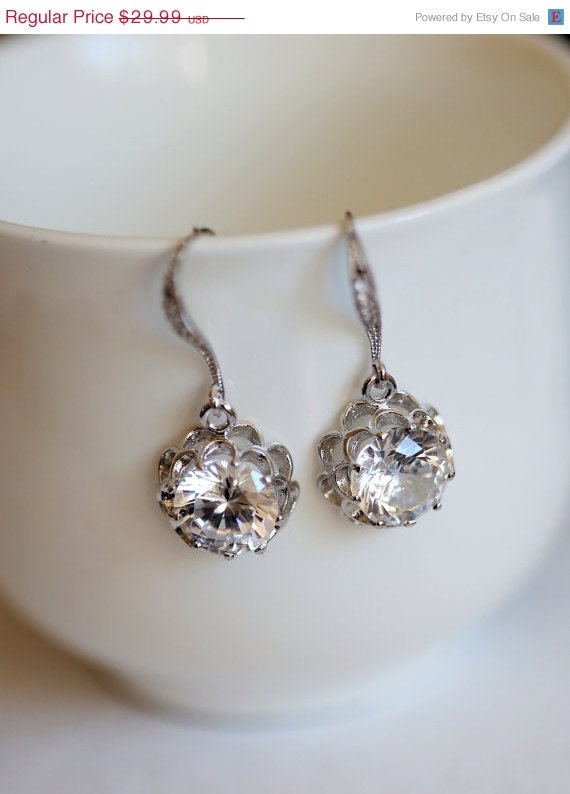 ON SALE Silver Earrings,Dangle Earrings,round cubic zirconia charm earrings,Wedding,Bride,Crystal.Wedding,Bridal, Bridesmaid