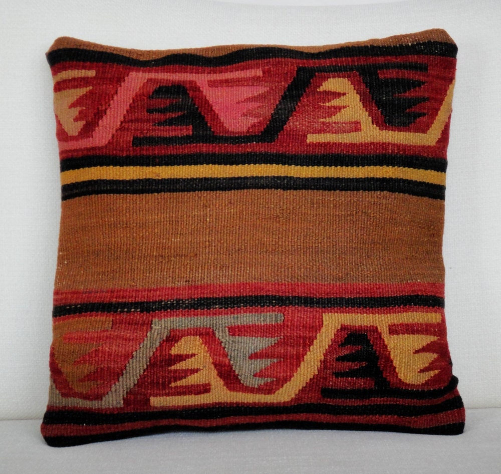 Antique Turkish Kilim Pillow Cover - Hand Embroidered - 16x16 inch