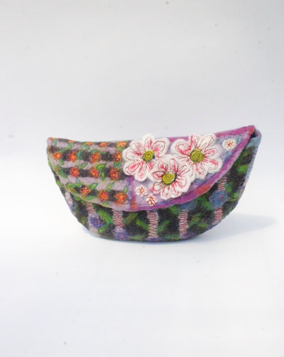 Handmade Felt Clutch Purse - Machine Embroidered Flowers