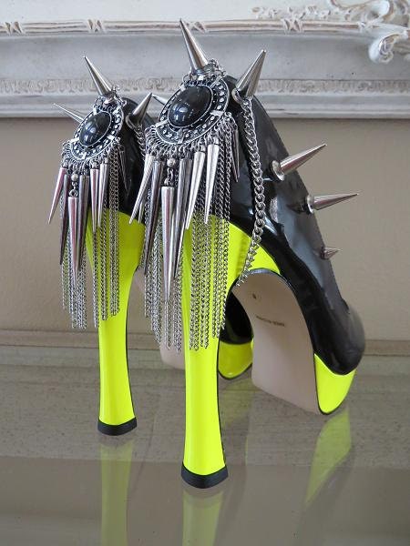High Heel Platform Spiked Women Shoes Black Neon Yellow  size 8 1/2....A SpikesByG Design