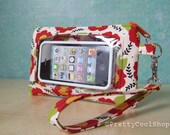 Touch Screen Wristlet, iphone wallet, cell phone wristlet, droid case, red floral, fabric phone case, touch screen pocket